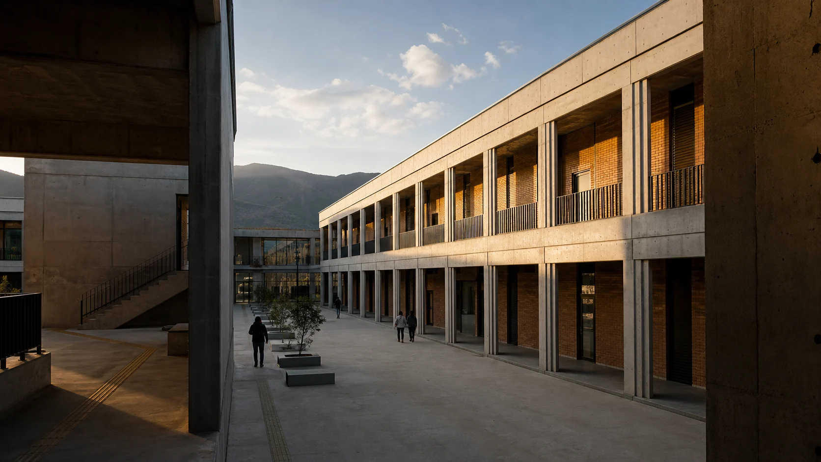 Edificio institucional de hormigón y ladrillo organizado alrededor de un patio